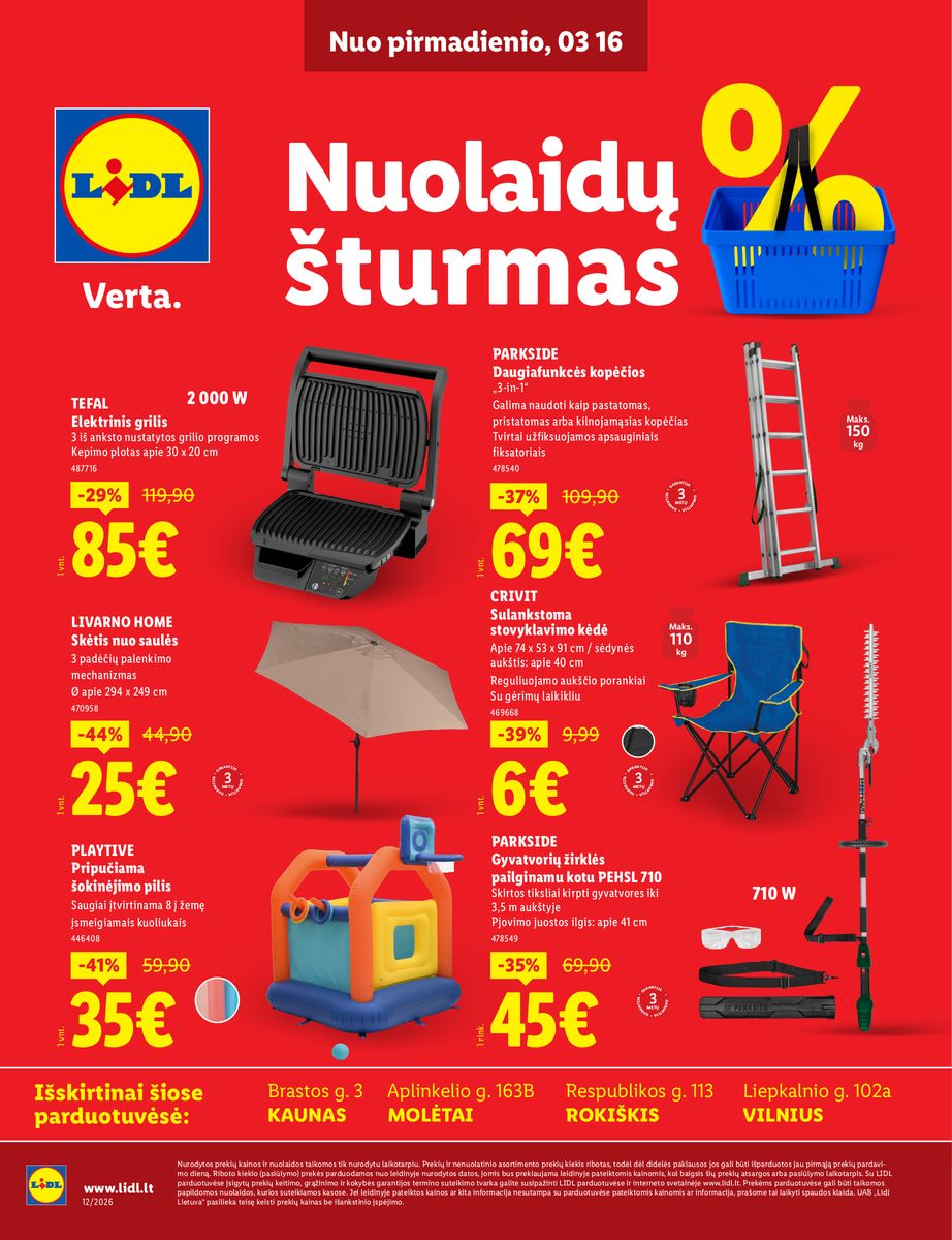 LIDL akcijų katalogas "Nuolaidų šturmas" galioja nurodytose parduotuvėse nuo 2026.03.16