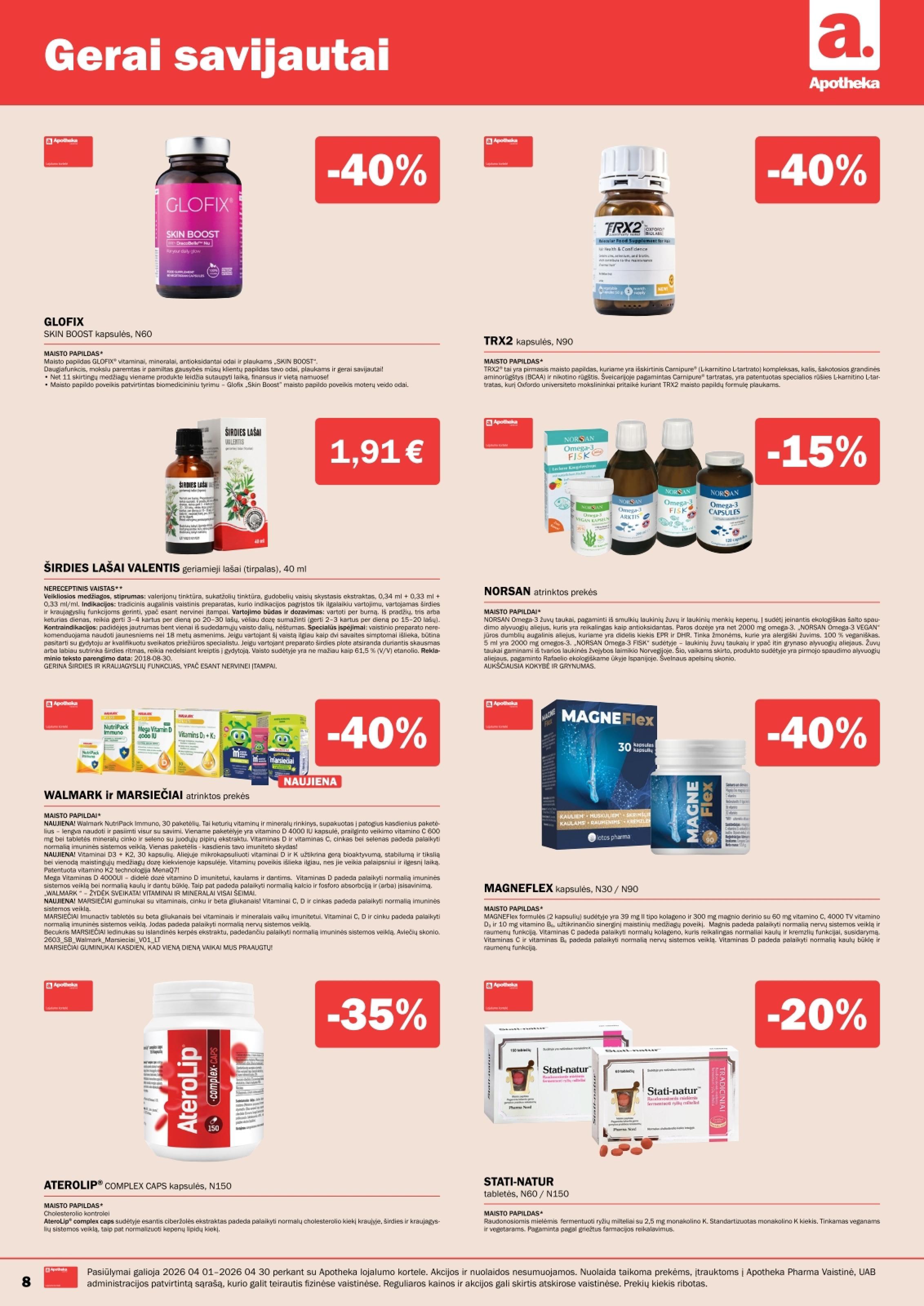 Naujas APOTHEKA vaistinės akcijų ir nuolaidų leidinys 2026.04.01 - 2026.04.30
