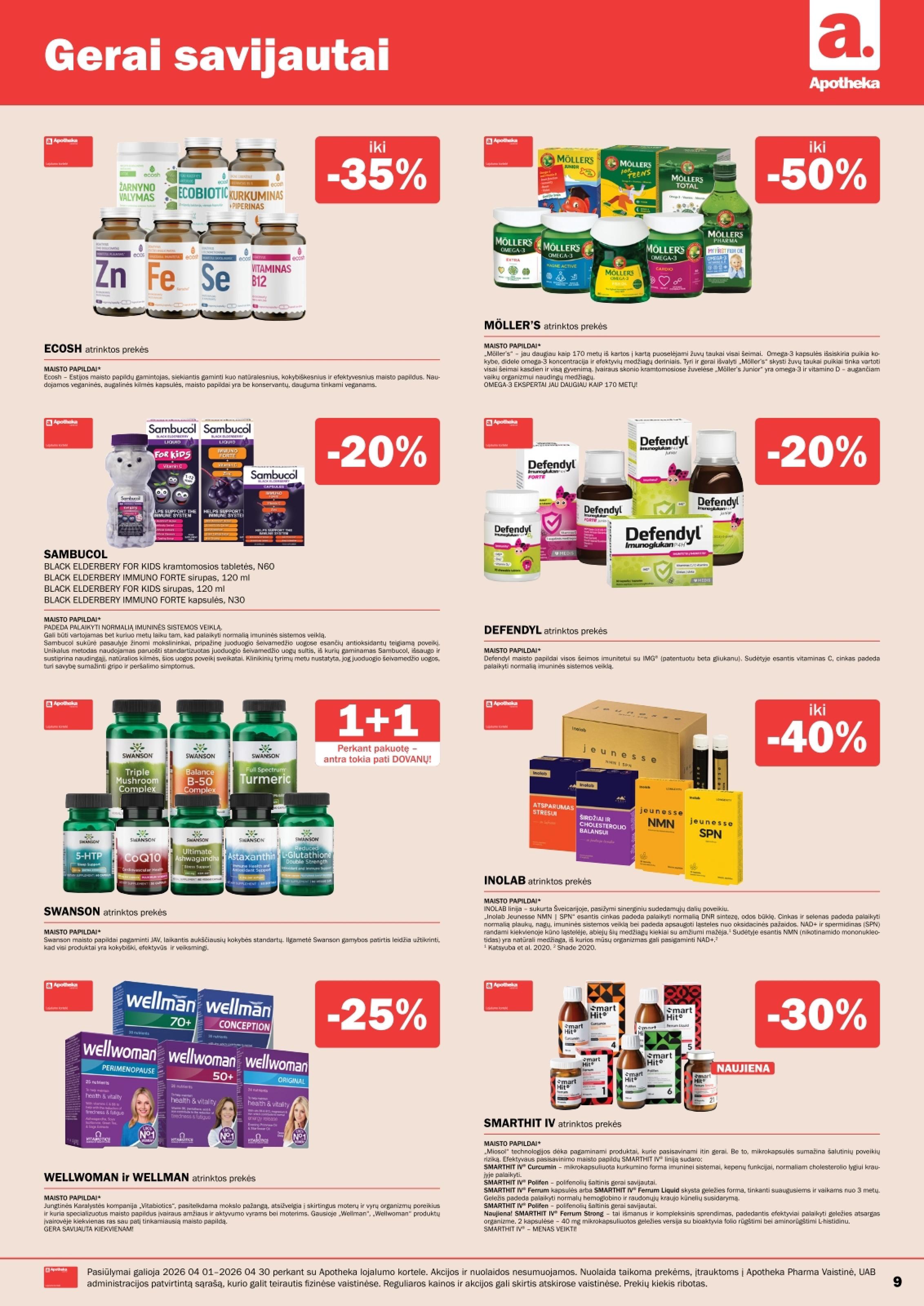 Naujas APOTHEKA vaistinės akcijų ir nuolaidų leidinys 2026.04.01 - 2026.04.30